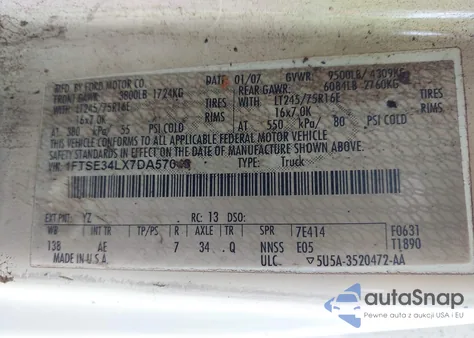 2007 Ford E-350 Super Duty Commercial/Recreational z USA, uszkodzony, nr VIN 1FTSE34LX7DA57048